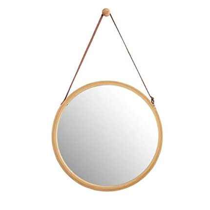 Tiamu Round Wall-Mounted Mirrors in Bathroom & Bedroom Decor, Hanging, Solid Bamboo Frame & Adjustable Leather Strap, Mirrors for Walls (Bamboo,