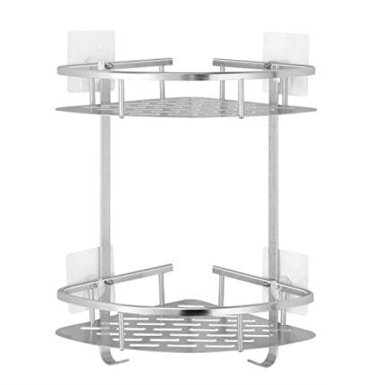 Laimew No Drill Bathroom Corner Shelves Aluminum Glossy Rustproof Adhesive Shower Shelf with Hooks