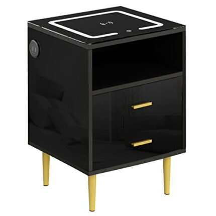 soges Nightstands with Wireless Charging Station and LED Lights, End Side Table with 2 Drawers, Bedside Storage Cabinet for Bedroom, Black