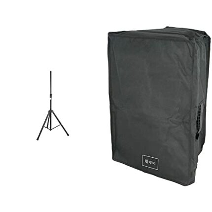 qtx Robust Steel Speaker Stand, Black & 127.080UK QR15COVER Black Protective Slip-On Cover for Speaker