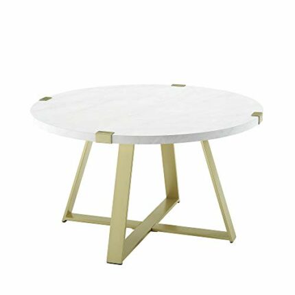 Eden Bridge Designs Industrial Urban Round Coffee Table, Metal legs and Laminate Top for Living Room or Home Office, White Faux Marble/Gold, High