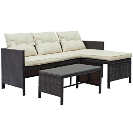 TJLSS Outdoor Patio 3 Pcs Rattan Wicker Sofa Set， With Lounger Seat, Beige Cushions