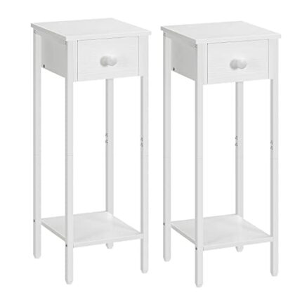 HOOBRO Slim Bedside Table, Set of 2, Tall Bedside Table with Drawer, Metal Frame, White Small Side Table, Telephone Table for Small Spaces, Narro