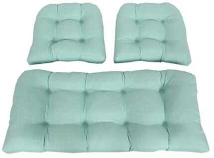 RULU Set of 3 1 Settee (44"x19"x5") & 2 Pieces of Wicker Seats (19"x19"x4") Aarondale Textured Bliss Outdoor/Indoor Cushions Set, Light Blue