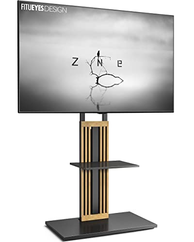 FITUEYES Design Floor TV Stand for 55” - 80” with Wood Grille and Tough Iron Base Stylish Zen Series Cantilever TV Stand with Swivel Mount Integr