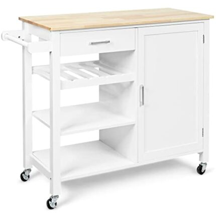 DSHGDJF 4-tier Wood Kitchen Island Trolley Cart Storage Cabinet W/Wine Rack & Drawer (Color : White)