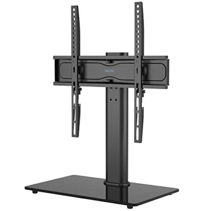 BONTEC Swivel Table Top TV Stand with Bracket for 26-55 inch LED OLED LCD Plasma Flat Curved Screens Height Adjustable TV stand with Tempered Gla