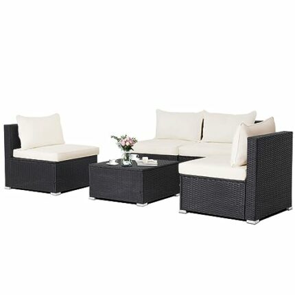 WALNUT 5PCS Patio Rattan Wicker Furniture Conversation Set Cushioned Sofa Deck