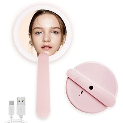 TANSHINE Handheld Lighted Makeup Mirror with Foldable Handle, Portable Travel Lighted True Vision Face Mirror with LED Light,Rechargeable Illumin