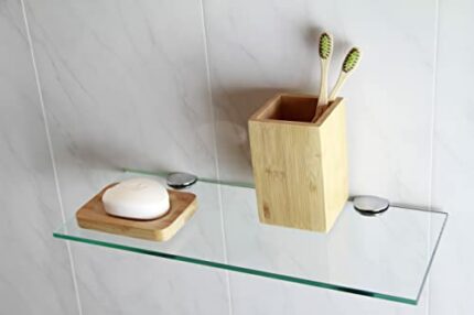 BSM Marketing Long glass shelf with chrome supports bathroom bedroom kitchen office (400mm x 150mm)