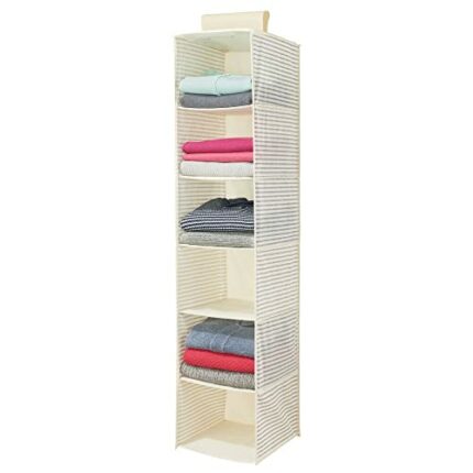 mDesign Hanging Wardrobe Organiser – Fabric Wardrobe Storage Units with 6 Shelves – Ideal Hanging Cupboard Organiser – Natural/Cobalt Blue Trim