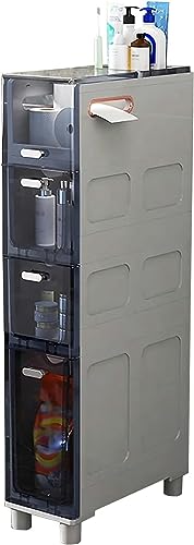 Bathroom Floor Cabinet Vertical Storage Unit, Multifunctional Storage Cabinet with Drawers and Wheels, Plastic Freestanding Side Cabinet for Bath