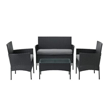 Lavish Home, Gray Outdoor Patio Set – 4-Piece Rattan Seating Combo Sofa, 2 Cushioned Chairs, and Table for Deck, Pool, or Porch Furniture