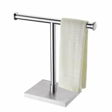 KLXHOME Freestanding Countertop Towel Holder for Bathroom Kitchen T-Shape Hand Towel Tree Rack, Brushed Stainless Steel Finish, E02N