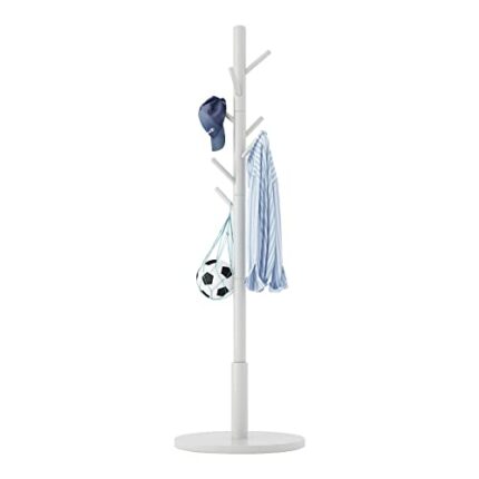 Aibiju Standing Coat Rack White Coat Stand with 8 Hooks and 3 Height Options, Wood Kids Coat Tree with Sturdy Round Base, Small Hall Tree White Y