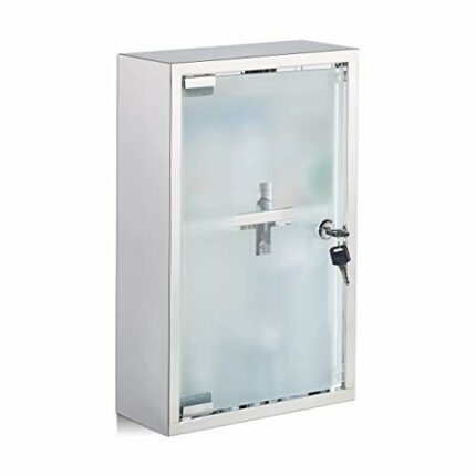 Relaxdays Stainless Steel Cabinet, Glass Door, 2 Compartments, Lockable, Home Pharmacy, Shiny, Silver, H x W x D: app. 40 x 25 x 11 cm