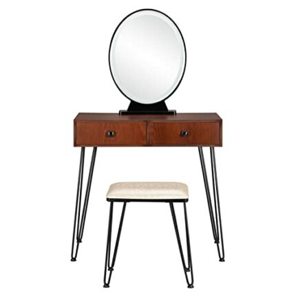 DINGZZ Dresser set dressing table bedroom wrought iron dresser black iron feet brown table top built-in 3 color led