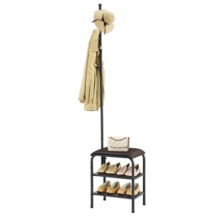 Gewudraw Coat Rack Stand Shoe Bench - 3 in 1 Coat Hall Tree with Shoe Storage With Benches Small Metal Shoes Shelf for Entryway Living Room Bedro
