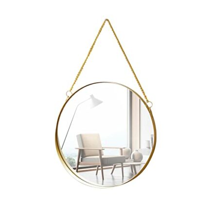 ZeRyan 30cm Round Hanging Mirror, Gold Bathroom Makeup Mirror - Brass Frame with Hanging Chain and Rope