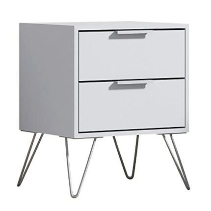 FWStyle Modern Bedside Table Chest of 2 Drawers in Matt White. Silver Metal Hairpin Legs