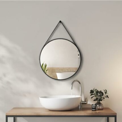 Heilmetz Black Round Mirror 50cm, Hanging Wall Mirror Bathroom, Black Framed Circle Mirror with PU Leather Strap for Bedroom, Dressing Room Door