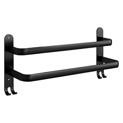 ASFINS Double Towel Rail Hand Towel Holder Wall Mounted Clothes Rail, 2-Tier Towel Rail with Hooks for Kitchen Bathroom Toilet Hotel Office, Self