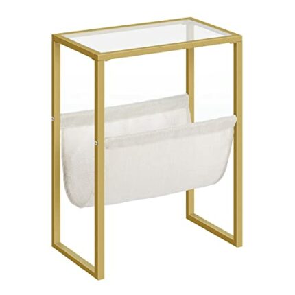 HOOBRO Side Table, Slim Gold Side Table, Small Coffee Snack Table, Sofa End Table with Fabric Magazine Holder, Bedside Table for Small Spaces, Be