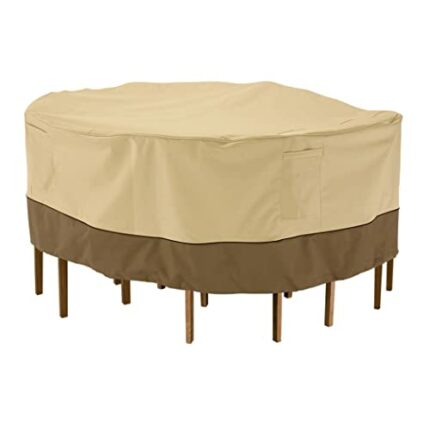 Classic Accessories Veranda Water-Resistant Round Garden Table & Chair Set Cover, Pebble/Bark/Earth (177cm, Medium)