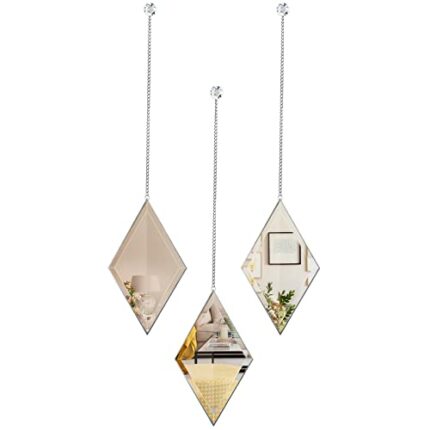 PHOSPHOR Diamond Decor Wall Mirror, Set of 3 PCS Home Decor Silver Mirror with Hanging Chain, Classic and Elegant Small Wall Mirrors for Living R