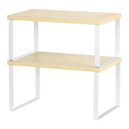 CADUKE Set of 2 Cabinet Kitchen Shelves Stackable Countertop Shelf and Expandable Wood Cabinet Organizer Shelves for Bathroom Study Room, Pale Ye