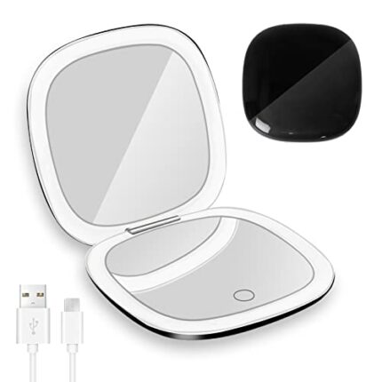 JIMACRO LED Travel Makeup Mirror, 1x/10x Magnifying Pocket Mirror with 56 LED Lights, USB Charging Folding Mirror with Touch Sensor 3 Colors Brig