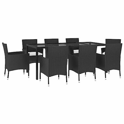 vidaXL Garden Dining Set 9 Piece, Table and Chairs with Cushions, Outdoor Lounge Set for Patio, Dinner Table Set, Modern Style, Black Poly Rattan
