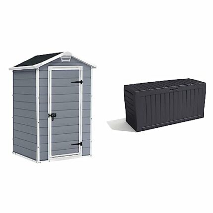 Keter Manor Outdoor Garden Storage Shed, Grey, 4 x 3 ft & Marvel+ 270L Outdoor Garden Storage Box Garden Furniture - Graphite Grey