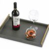 WV Decorative Tray Dark Grey Faux Shagreen Leather with Brushed Gold Stainless Steel Handle ,Serving Tray for Coffee Table, Ottoman in Living Roo