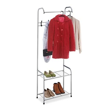 Relaxdays Coat Rack Shelves, 4 Pairs of Shoes, 4 Hooks, 1 Clothes Rail, for Hallway HWD: 173 x 60 x 31cm, Grey, 100% steel