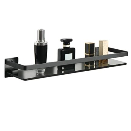 SAYAYO Bathroom Shelf Tempered Black Glass Shelf Wall Mounted, Matte Black Shower Storage with SUS304 Stainless Steel Rail, EGDL1001-B