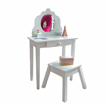 KidKraft White Medium Wooden Vanity Table and Stool for Kids, Dressing Table with Mirror and Stool, Kids' Desk with Drawer, Children's Playroom/B
