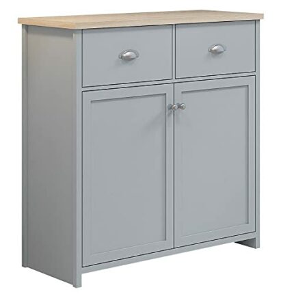 FWStyle Westbury Matt Grey 2 Door 2 Drawer Sideboard Multi Storage Unit with Oak Effect Top