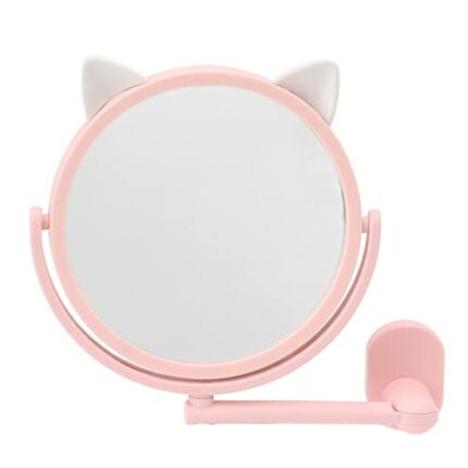 Asixxsix Wall Mounted Makeup Mirror, 6.5 Inch Lovely Cat Shape Light Pink Vanity Mirror with Ball Joint No Drill Free Adjustable Waterproof Bathr
