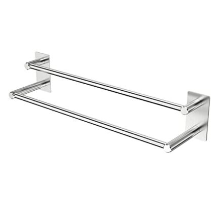 No Drilling Towel Rail, Towel Rack Brushed Stainless Steel, Bathroom Towel Rail, Towel Rail for Gluing, for Bathroom and Kitchen (Double Pole-Sil
