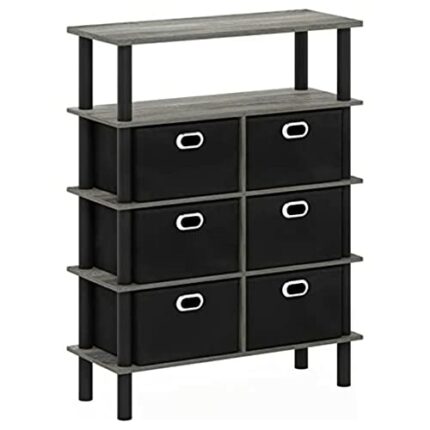 Furinno Frans Turn-N-Tube Console Table with Bin Drawers, French Oak/Black/Black