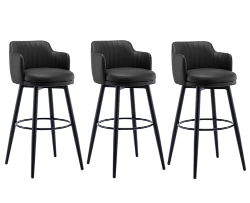 DWILKE Modern Leather Bar Chairs Set of 3 Counter Height 26" Swivel Bar Stool Chair for Kitchen Island Metal Legs Upholstered Barstool with Arms,