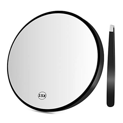 Xinstroe 15X Magnifying Mirror and Eyebrow Tweezers Kit, Small Precise Make-up Mirror with Suction Cups, Travell Pocket Mirror for Bathroom and B