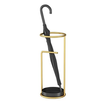 Umbrella Stand Gold Minimalist Umbrella Holder, Nordic Round Entry Hallway with Drip Tray ＆ Hook, Canes Ski Poles Golf Clubs Organizer Rack