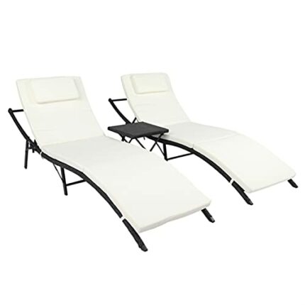MIAOZI 3-Piece Outdoor Terrace Furniture Set 2 Folding Bed 1 Folding Coffee Table Black PE Cane Iron Frame 4 Lines