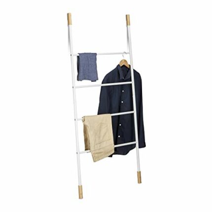 Relaxdays Metal Towel Ladder Rack, 4 Rungs, Freestanding Leaning Laundry Holder, Bamboo, White, 150x70x2cm