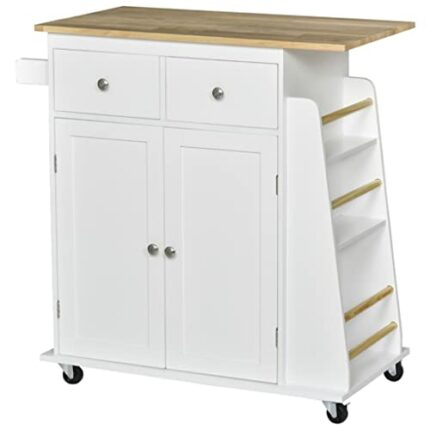 DINGZZ Rolling Kitchen Island Storage Trolley Cart With 3-Tier Spice Rack & Rubber Wood Top For Dining Room White