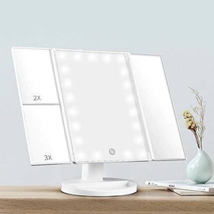 MIQU Makeup Mirror with lights,Magnifying Lighted Led Mirror, Tri-Fold 1/2/3X Magnification,Free Standing Mirror for Bathroom Counter top, Dressi