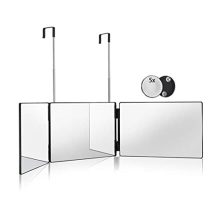 HIEEY 3 Way Mirror for Hair Cutting,360 Trifold Mirror with Height Adjustable Telescoping Hooks,and 5X Magnification Mirror,for Makeup, Hair Styl
