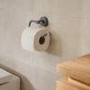 tesa® MOON GREY Toilet Paper Holder, matt grey - Roll holder without lid for industrial style and modern bathrooms - drill-free, incl. adhesive s